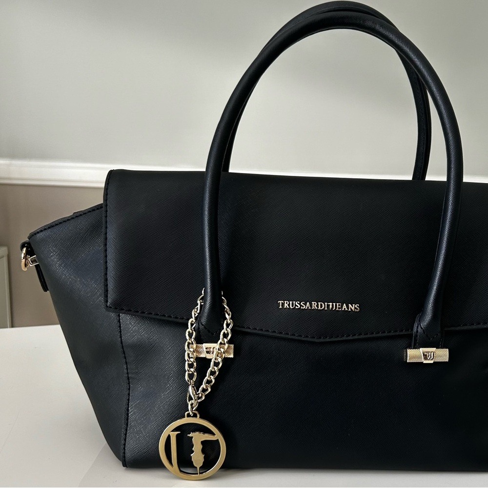 NWT Trussardi Black Satchel Shoulder Strap Gold Hardware Logo Bag Charm pockets